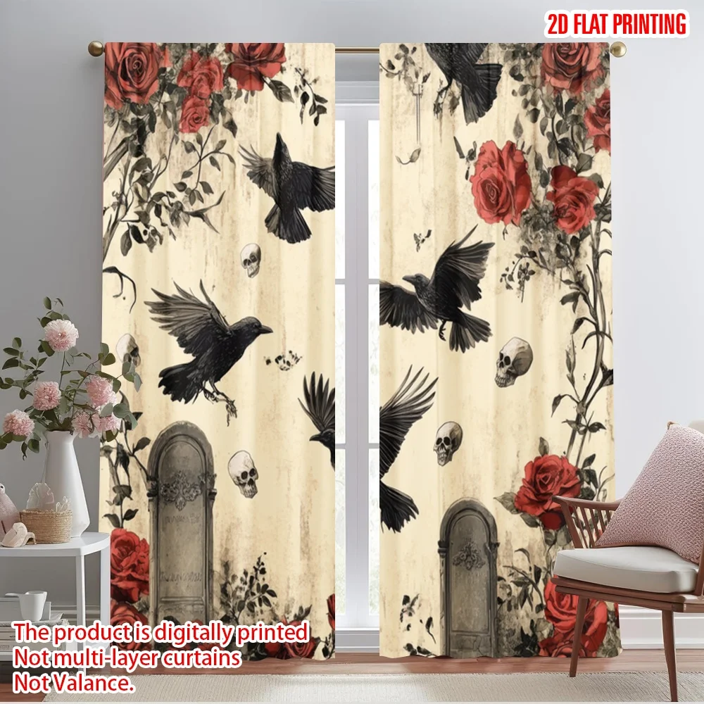 

2pc,2D plane printing Curtains Digital Printed Roses and Ravens Versatile Polyester (without rod) Art Deco Festive Use for