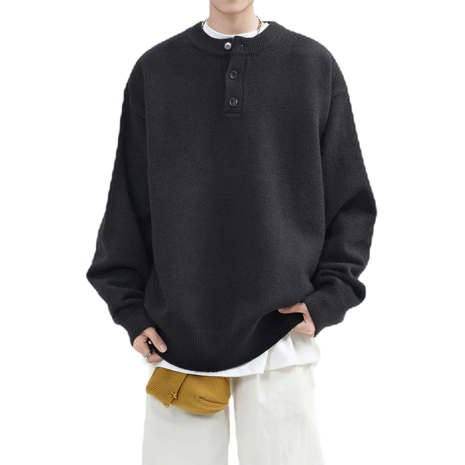 Men Plus Size O-neck Button Long Sleeve Solid Loose Fit Simple Basic Casual Daily Knitted Sweater Pullovers Male Undershirts