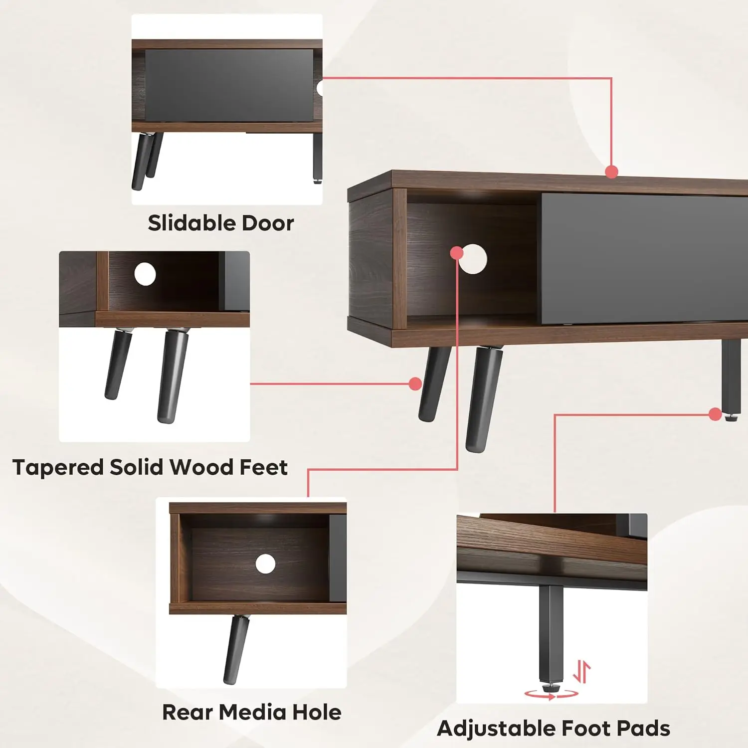 Soporte de TV moderno de mediados de siglo para TV de 75 pulgadas, soporte de TV de perfil bajo con almacenamiento, centro de entretenimiento para sala de estar