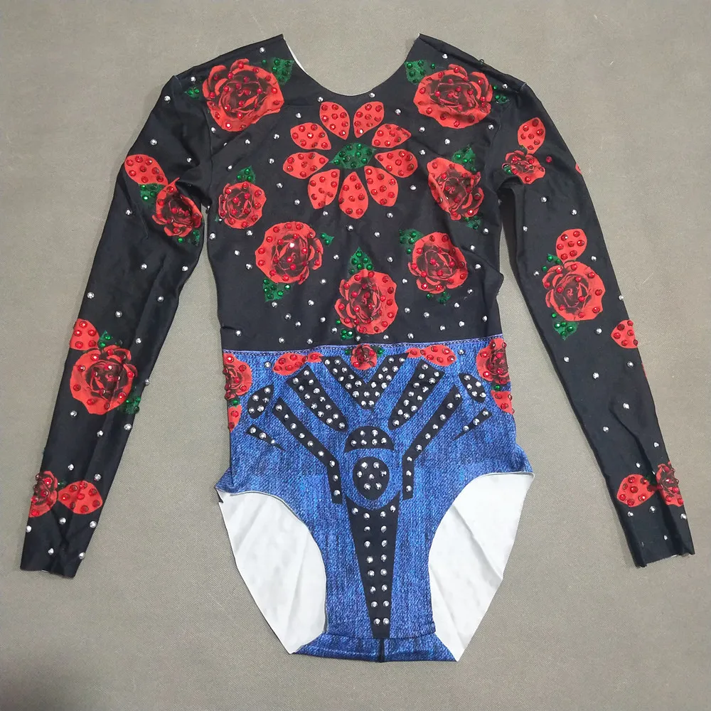 Petal Printing Rhinestones Dance Leotard Elastic Tight Bodysuit Women Singer Dancer Sexy Stage Wear Bar Performance Costume