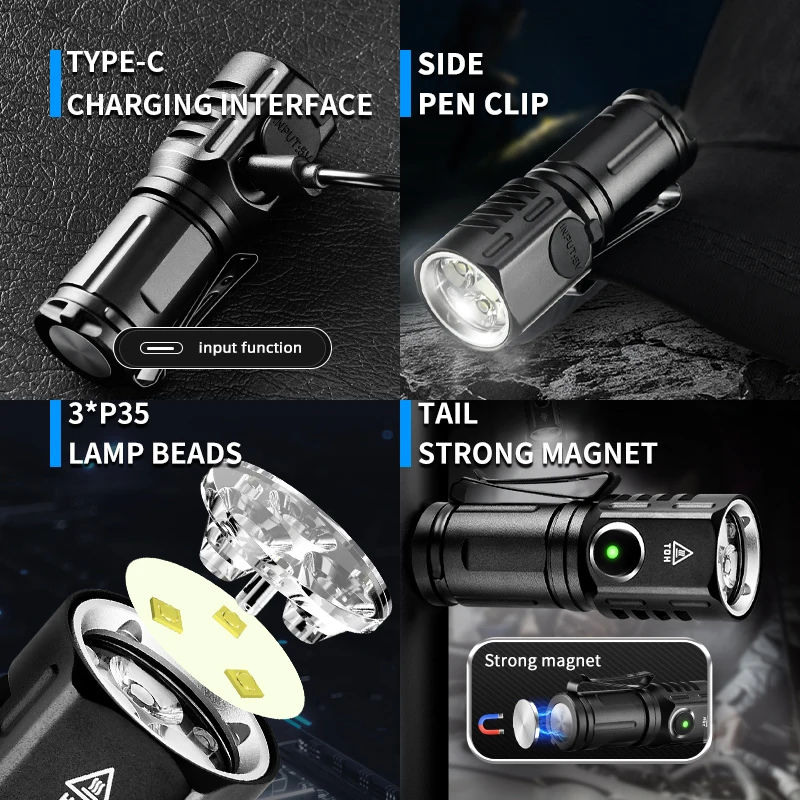 Powerful Portable Self Denfense Pocket Mini LED Flashlight 2000LM 3LED Ultra Strong Light USB Rechargeable With Magnet Torch