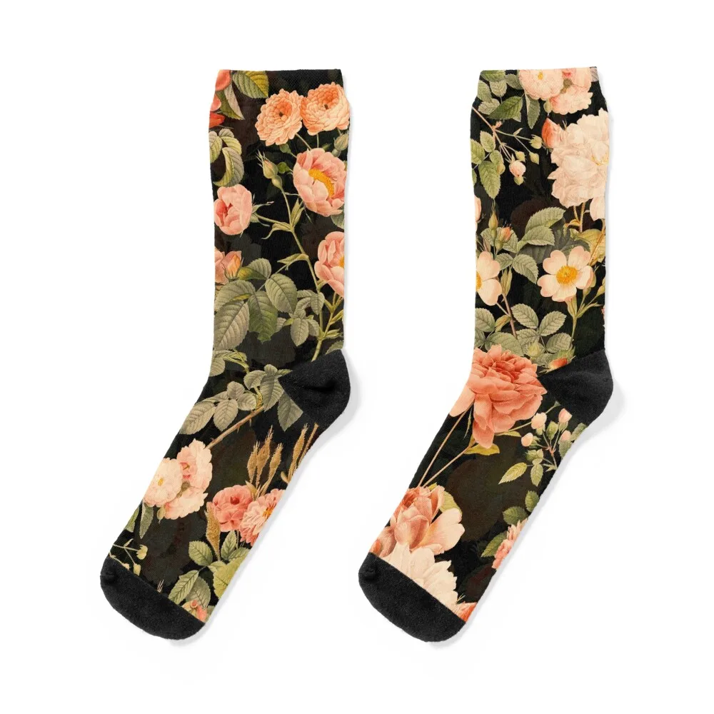 

Blush Redouté Roses On black Botanical Night Garden Nightgarden Socks retro Hiking boots ankle Male Socks Women's