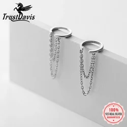 TrustDavis 1Pcs Real 925 Sterling Silver Double Chain Clip On Earring Ear Cuff For Women Without Piercing Earring Jewelry DB1352