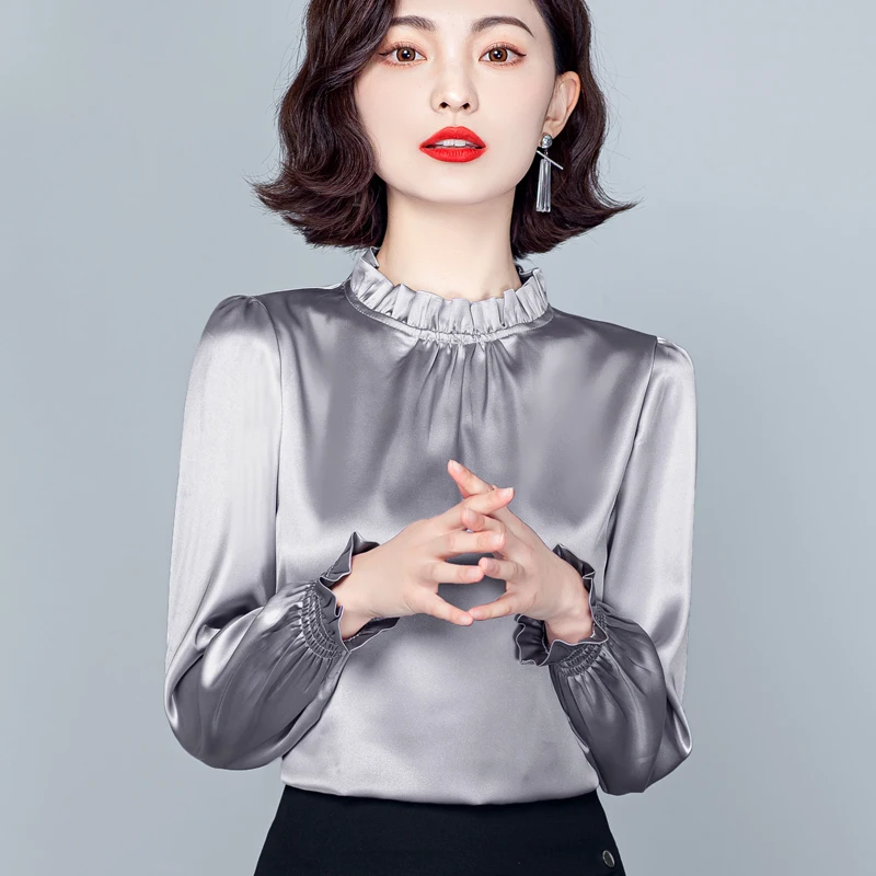 Ruffle Collar Front Pleated Satin Blouse Women Spring Basic Long Sleeve Tops Elegant Ladies Silver Gray Khaki Blouse - view 2
