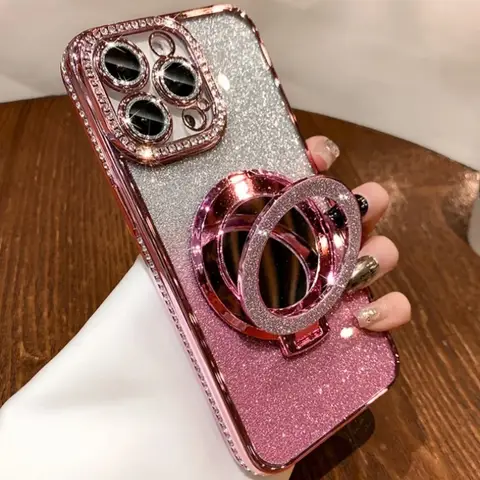 For IPhone 16E Pro Max Luxury Plating Flash Mirror Holder Stand Diamond Frame for IPhone 11 12 13 14 15 16 Plus 17 Air Cover