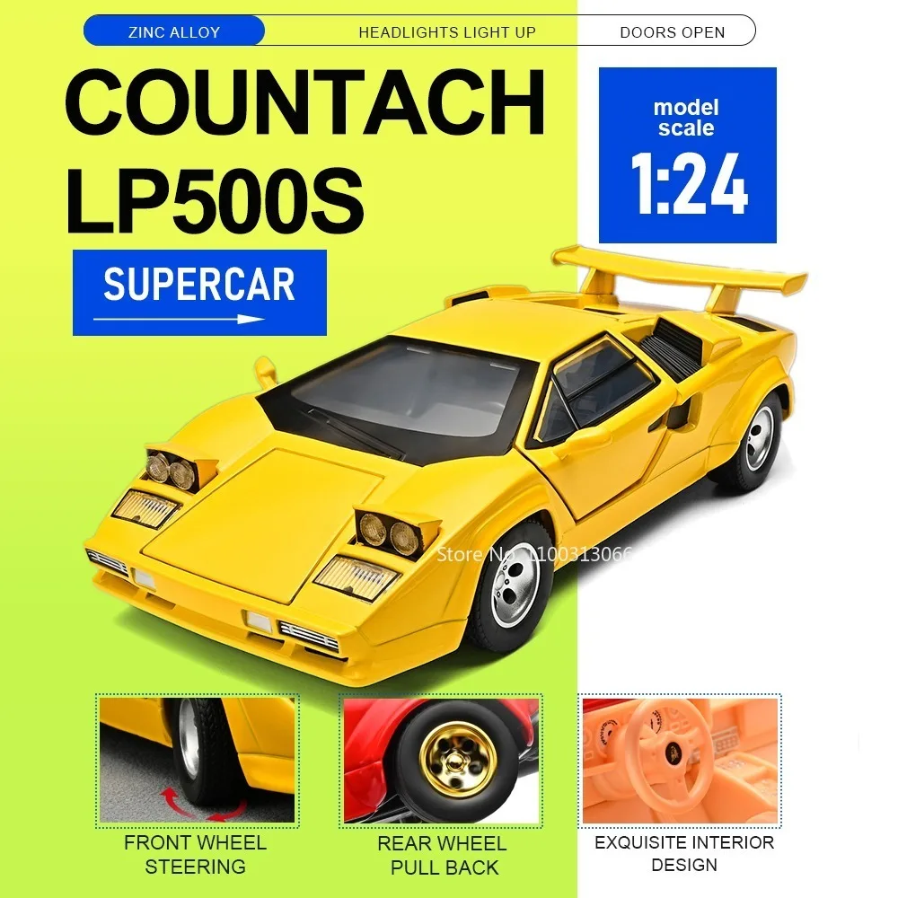 

1:24 Countach LP500S Tourbillon Model Sports Car Toy Alloy Diecast Doors Opened Pull Back Exquisite Interior Simulation Supercar