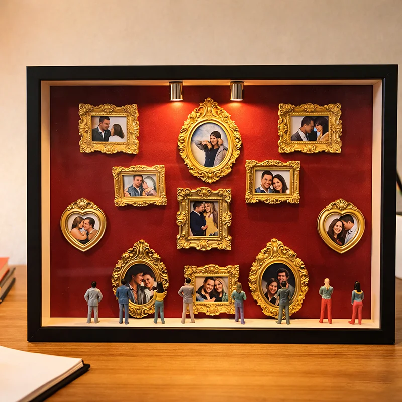 Kit de Exhibición de Recuerdos en Caja de Siluetas para Mini Museo, Regalos Románticos para el Día de San Valentín con Estatuilla en Miniatura y Marco Dorado