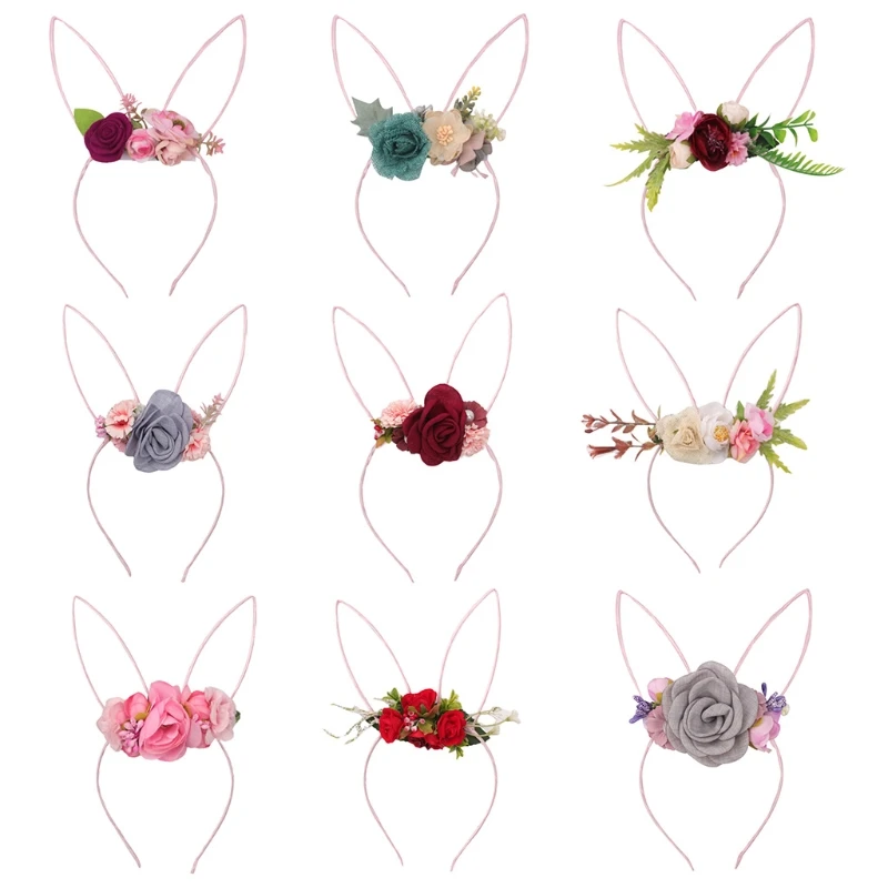 Flowers Headbands with Bunny Ears Rabbit Ears Hair Hoop Easter Christmas Birthday Theme Party Supplies for Kids Drop Shipping