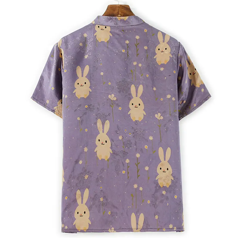 

BirdTree-Watered Gauze Silk Elegant Shirt, Women Stand Short Sleeve Jacquard , Retro Commute Loose Blouse, 2025 Summer T56692CC