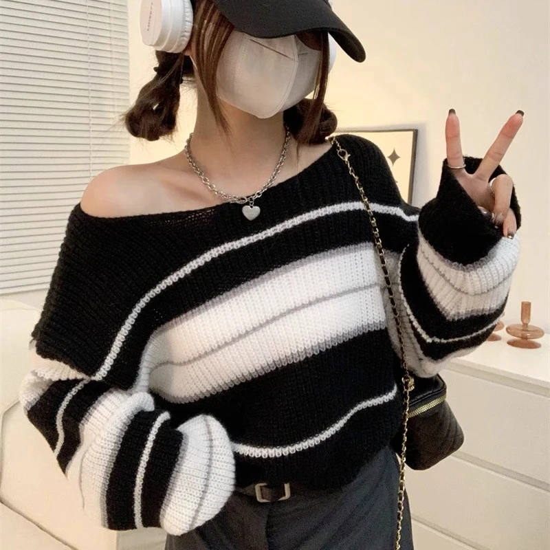 Women Striped Jumper Vintage Female Autumn Long Sleeve Casual Cropped Sweater