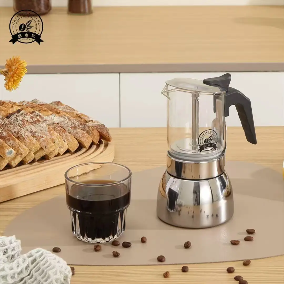 

4/6 See-Through Moka Pot: High-Borosilicate Glass Body, Durable 430 Base. Home/Office/Camping Use. Works on Induction & Gas