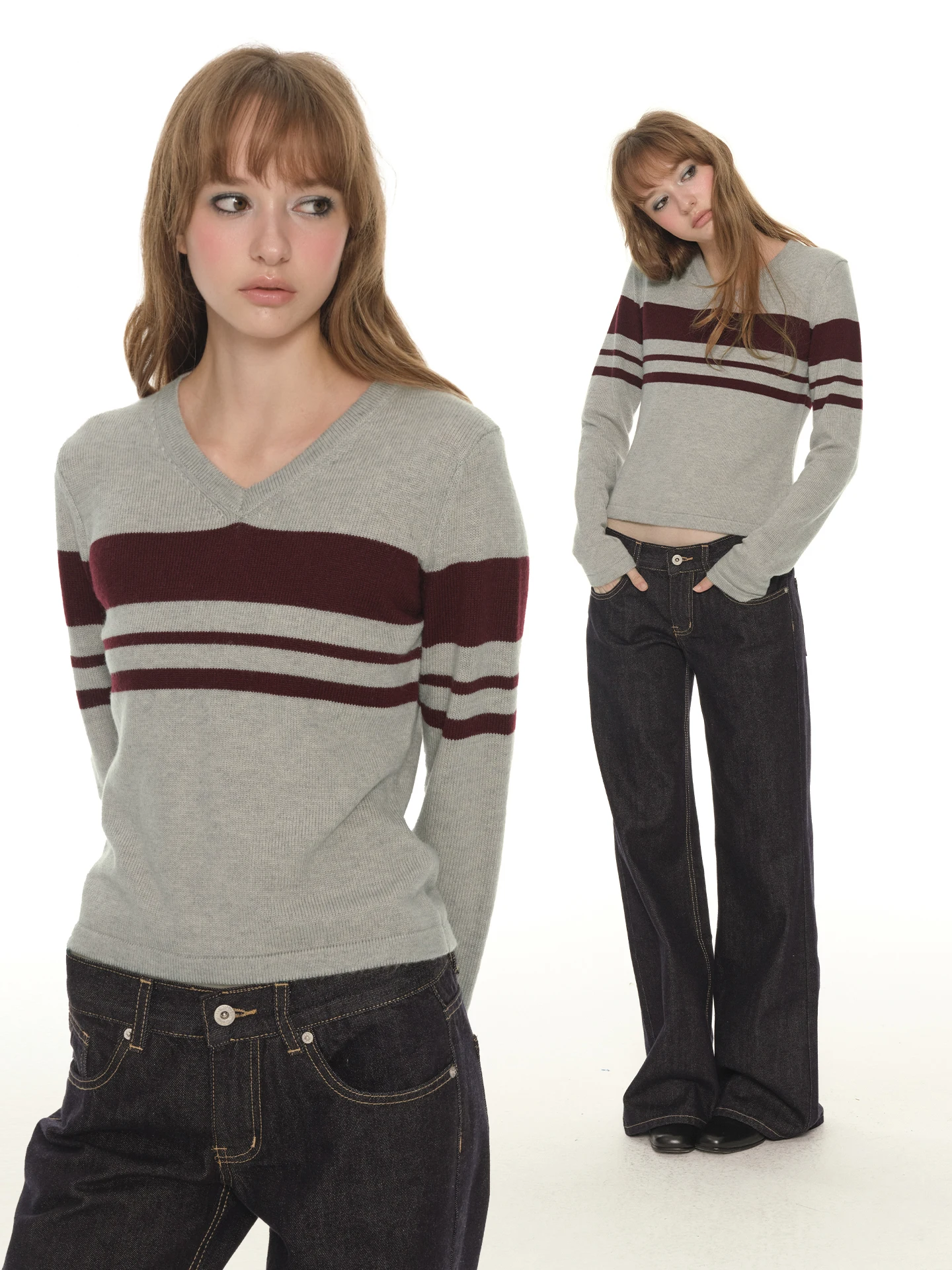 

UNRETRO Women's V-Ne Knitwear Slim Fit Mixed Wool Blend Retro Color Blo Striped Inner Wear Autumn Winter Faion Sle