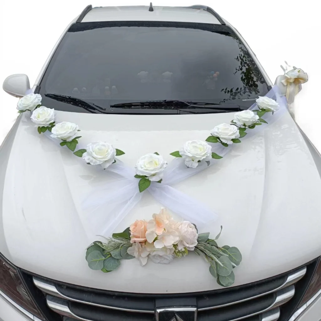 

Wedding Car Decor Artifical Flowers With Ribbon For Car Door Handle Front View Mirror Rear Corner Decor Garland Silk Rose Flower