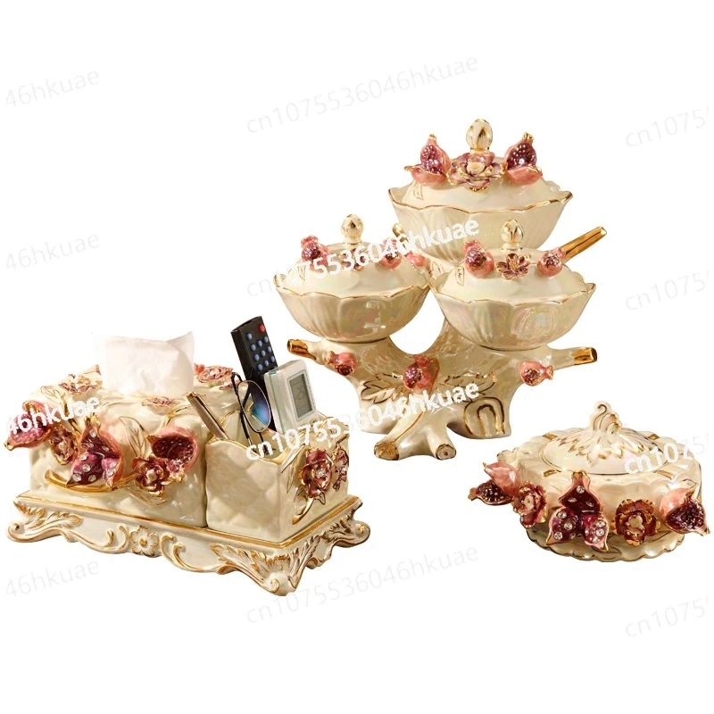 

European set, luxury and creative modern living room household tissue box, ceramic fruit plate three-piece set ornament