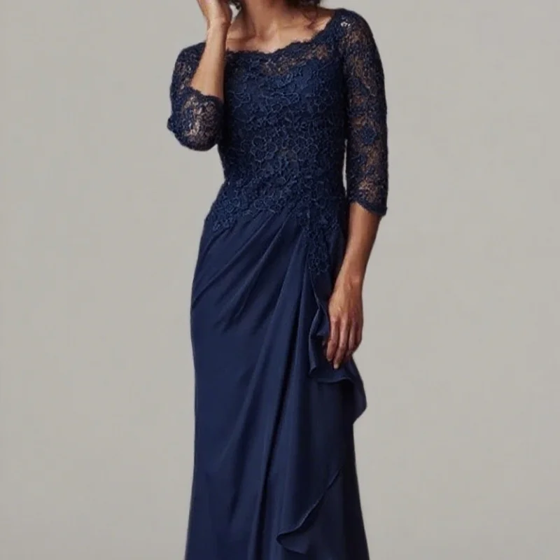 

Mother Of The Bride Dresses O-Neck 3/4 Sleeve Pleat Chiffon Appliqued Lace Formal Party Groom Mother Evening Gown
