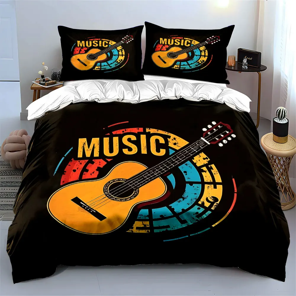 Colorful circle with guitar design Print Bedding Set 1 Duvet Cover 2 Pillowcases for Adult and Children Luxury Gift Full Size