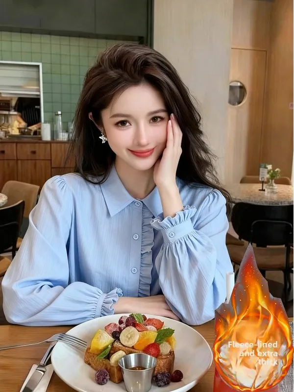 

Autumn Winter Thiened Fce Pure Cotton Long Sve irt Women's Turn-down Collar Base irt Warm Top Bubble Sve Sle