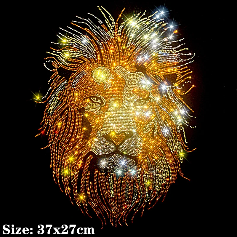 

Golden Lion Hot Diamond Sequin Iron on Applique Patches Hot Fix Rhinestone Transfer Motifs Transfer on DIY Shirt Dress.