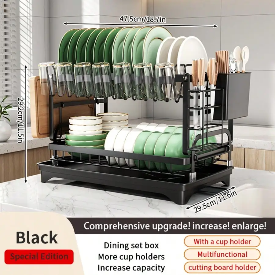 Kusuxva This Double-Layer Metal Kitchen Countertop Dish Rack Is Space-Saving And Durable. It Comes With A Knife And Fork Holder,