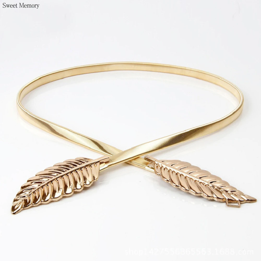 2022 Gold Silver Belt Fashion Elastic Waist Belts Leaf Shape Metal Leaves Front Stretch Waistband For Girl Lady