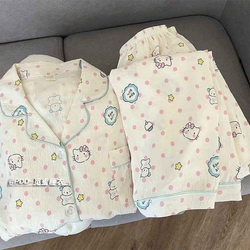 

Милая одежда для сна HelloKitty в горошек, женская весенне-осенняя одежда для сна с длинными рукавами, японский хлопковый домашний костюм с облаком для девочек, комплект Sanrio