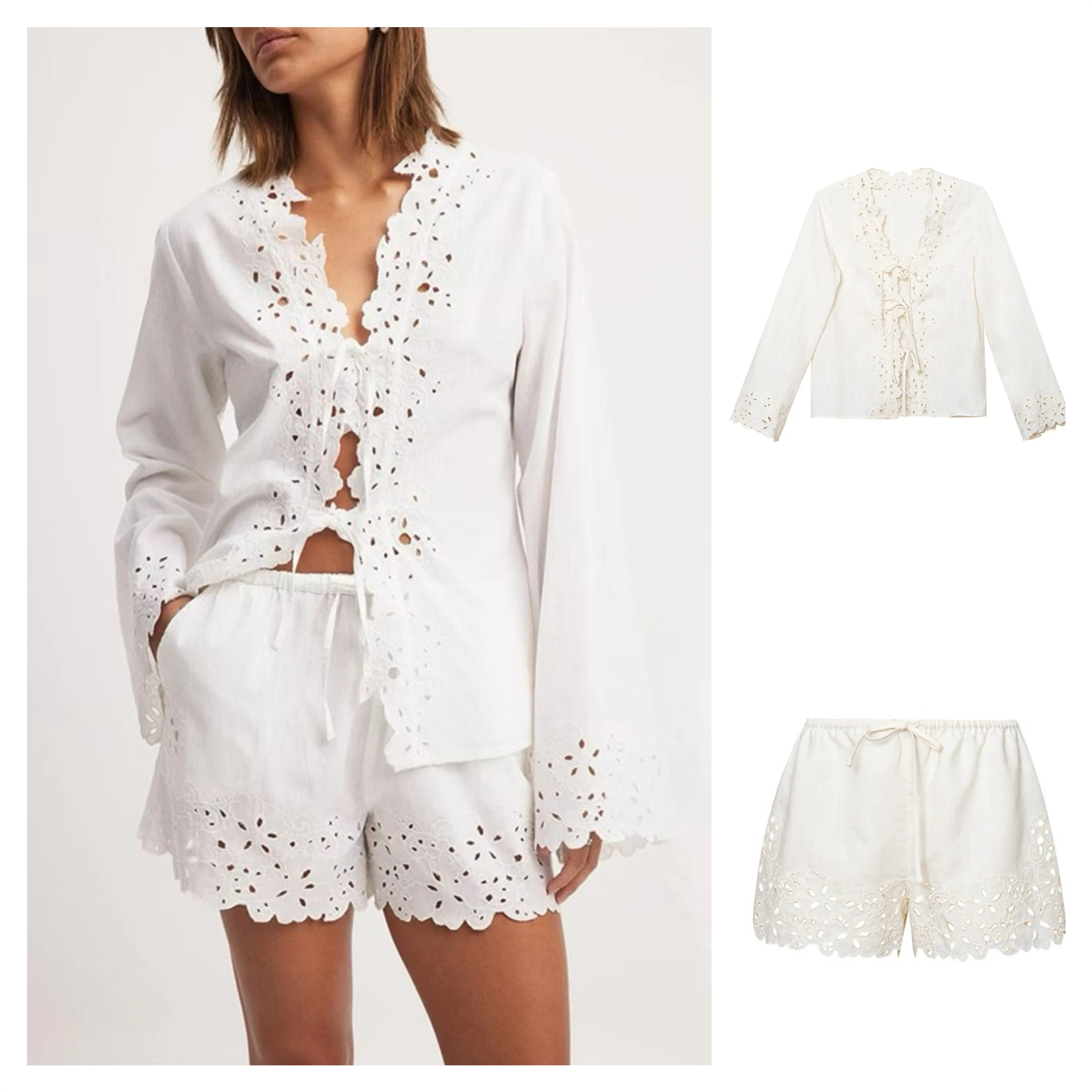 

Australian Fairy Brand Cotton Linen Embroidered Hollow out Belted Top Shorts Women's Spring Fashion White Shirt Pants Set