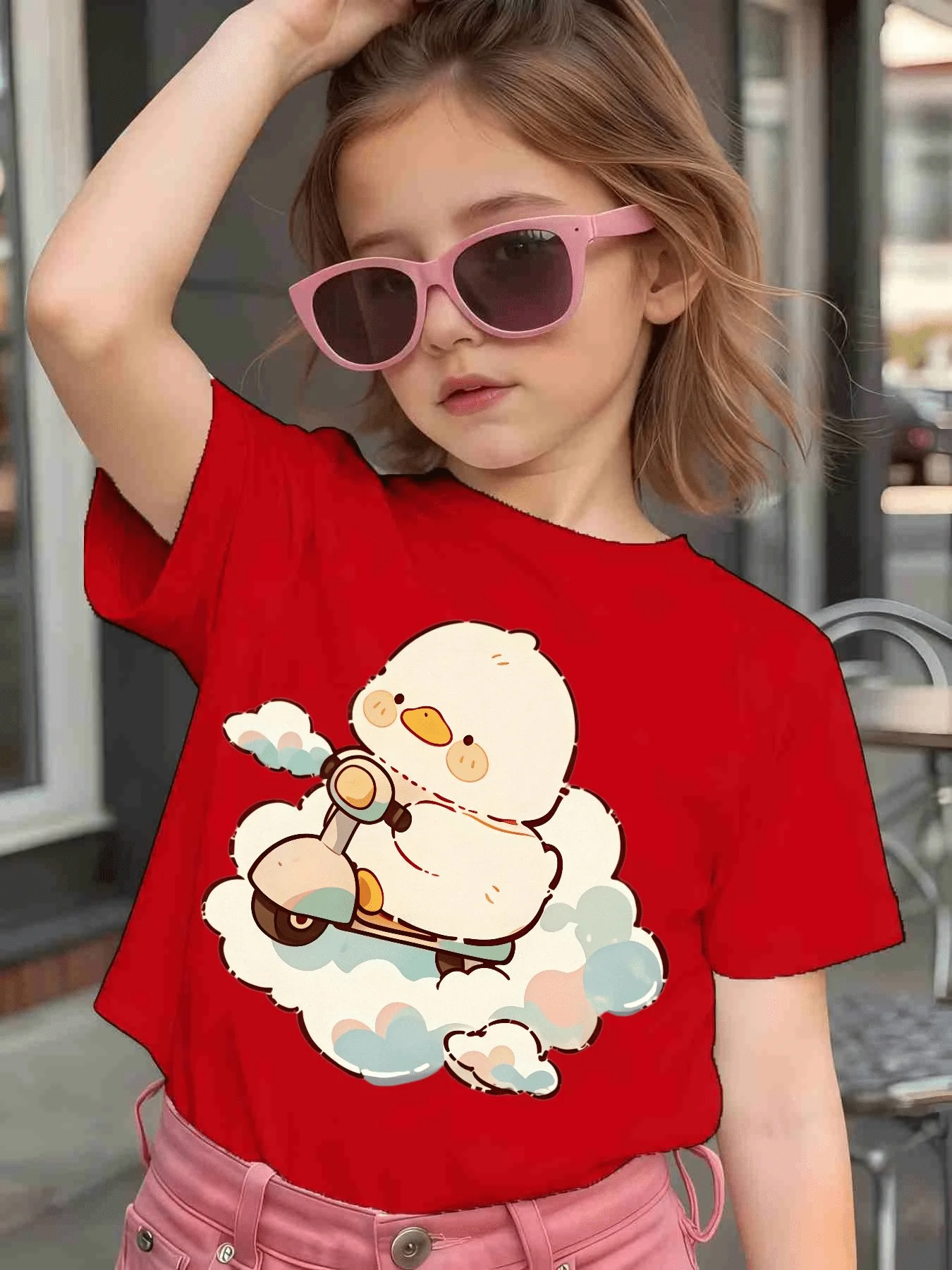 Kids Matching Tee Cute White Duck Riding Scooter Cloud Cartoon Print Boys Girls Soft Short Sleeve Fashion Daily Casual Tops