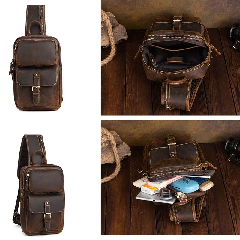 New 2023 Retro High-Capacity Fashion Genuine Leather iPad Crossbody Bag Chest Pack Casual Utility Men\'s Shoulder Bag