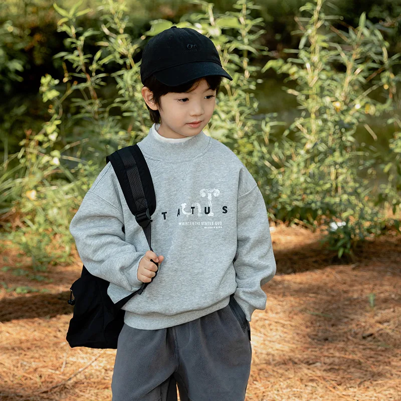 

2025 New Winter Children's Half High Neck Letter Printed Solid Color Velvet Hoodie