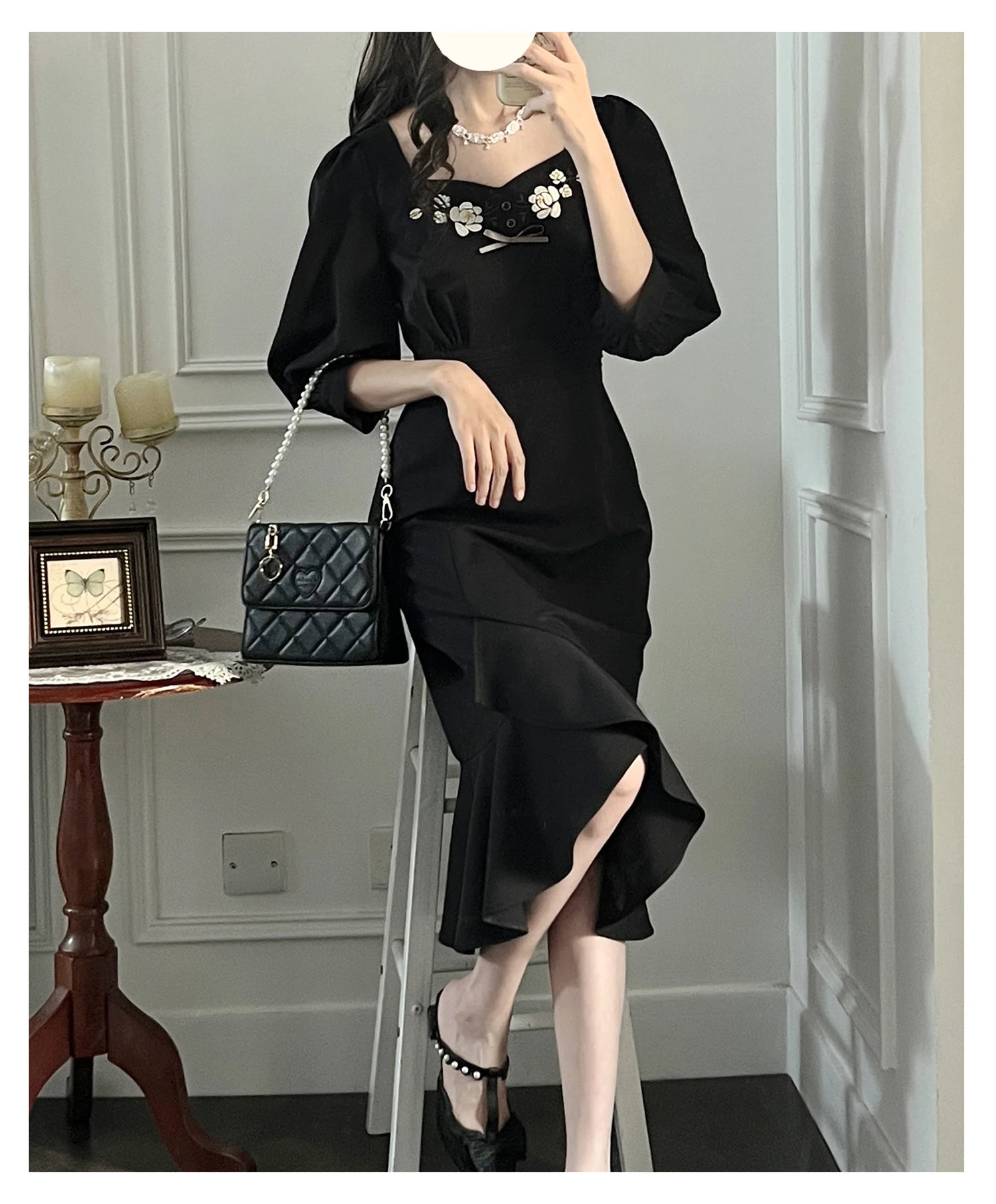 الفرنسية أنيقة خمر لوليتا فستان ساحة الرقبة المطرزة طويلة الأكمام عالية الخصر سليم صالح Bodycon ذيل السمكة فستان المرأة الخريف #4