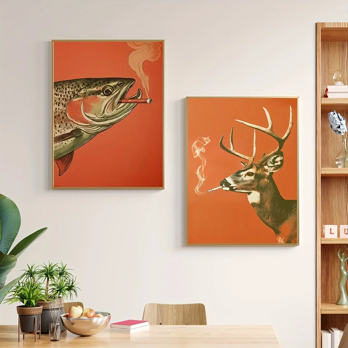 Multiple sizes 2pcs frameless Canvas PaintingIndia,2pcs/set Retro Fun Animal Art Poster Abstract Smoking Fish & Deer Canvas Pain