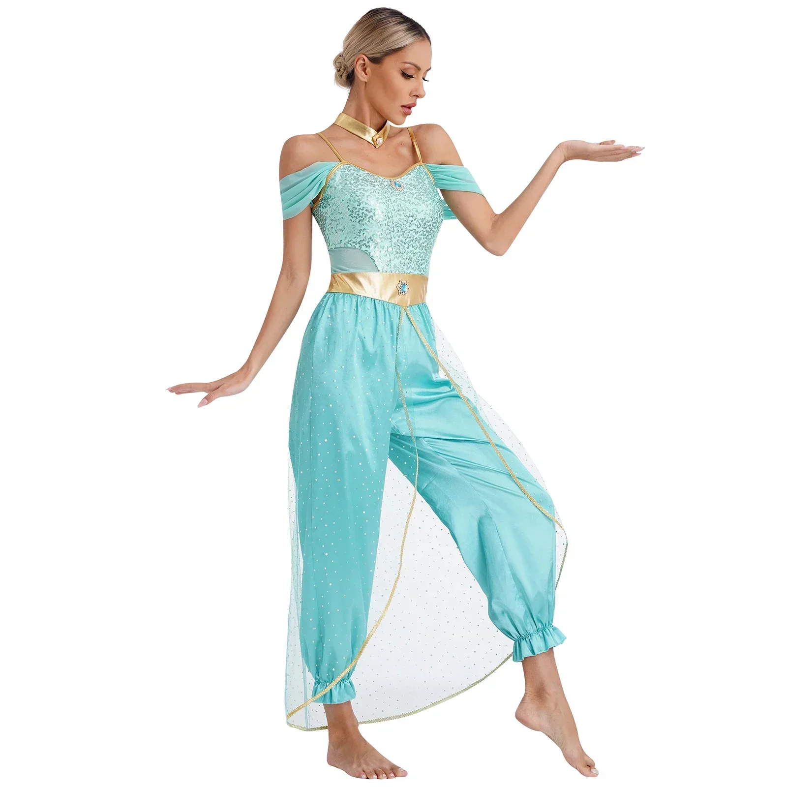 Womens Belly Dance Jumpsuit Theme Party Arabian Princess Queen Cosplay Costume Shiny Sequins Tulle Bodysuit with Choker Collar