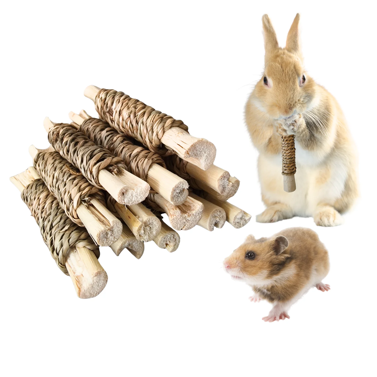 Lot de 15 jouets interactifs en bambou naturel tressé pour rongeurs (lapins, cochons d'Inde, chinchillas et hamsters)