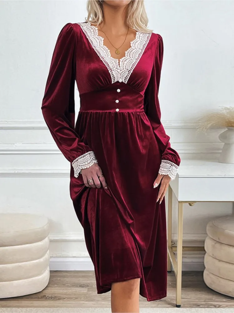 

Dresses 2025 Woman Christmas Dress Elegant Lace V-neck Party Vestidos Temperament Simple Style Trendy Vacation Comfortable Slim