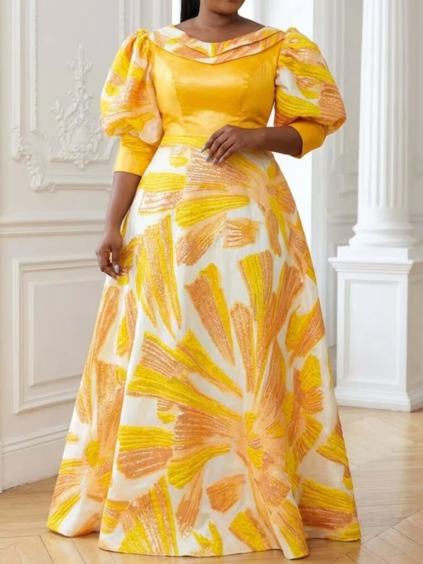 Vestido Maxi de Satén Estampado para Mujer Talla Grande, Cuello Plegado, Manga Tres Cuartos Abullonada, Corte en A, Vestido Formal para Invitadas de Boda y Noche
