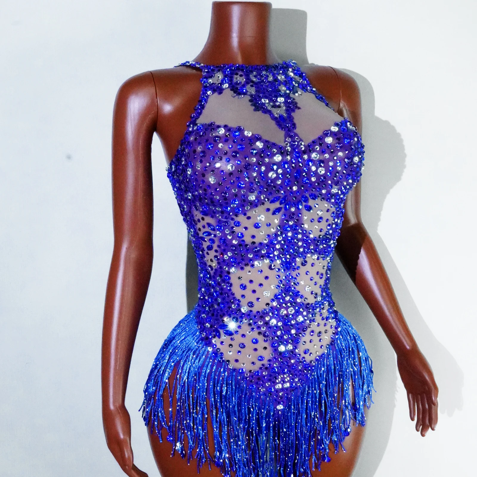 Women Sexy robe Backless blue Rhinestone High Stretch Bodysuit Evening Party Nightclub Singer Dancer Stage Performance dress