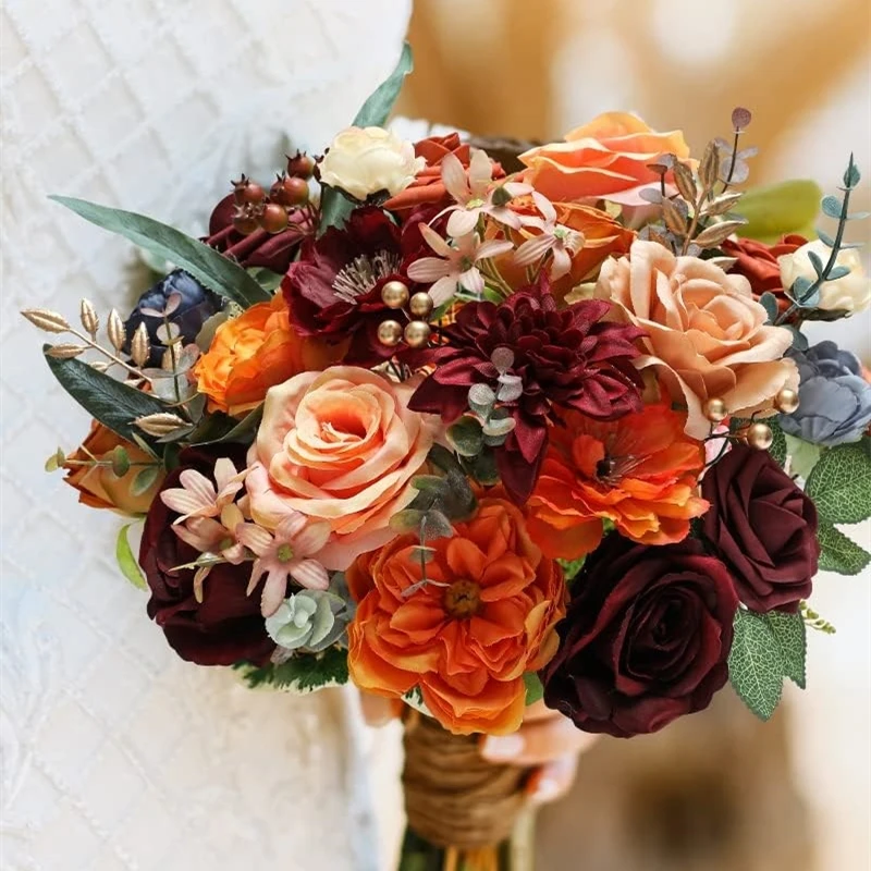 Orange Rose Artificial Flower Combination Box, Bridal Bouquet, Outdoor/Indoor DIY Decorations, Festival Decorative Flowers