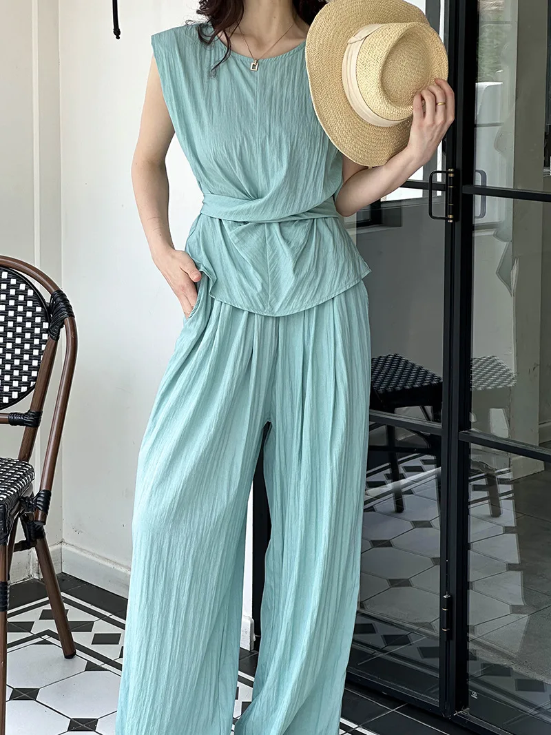

Round Neck Tank Top And Wide Leg Pant Set 2025 New Fashion Lake Blue Lace-up Vest + Long Trouser Vacation Summer Two Piece Set