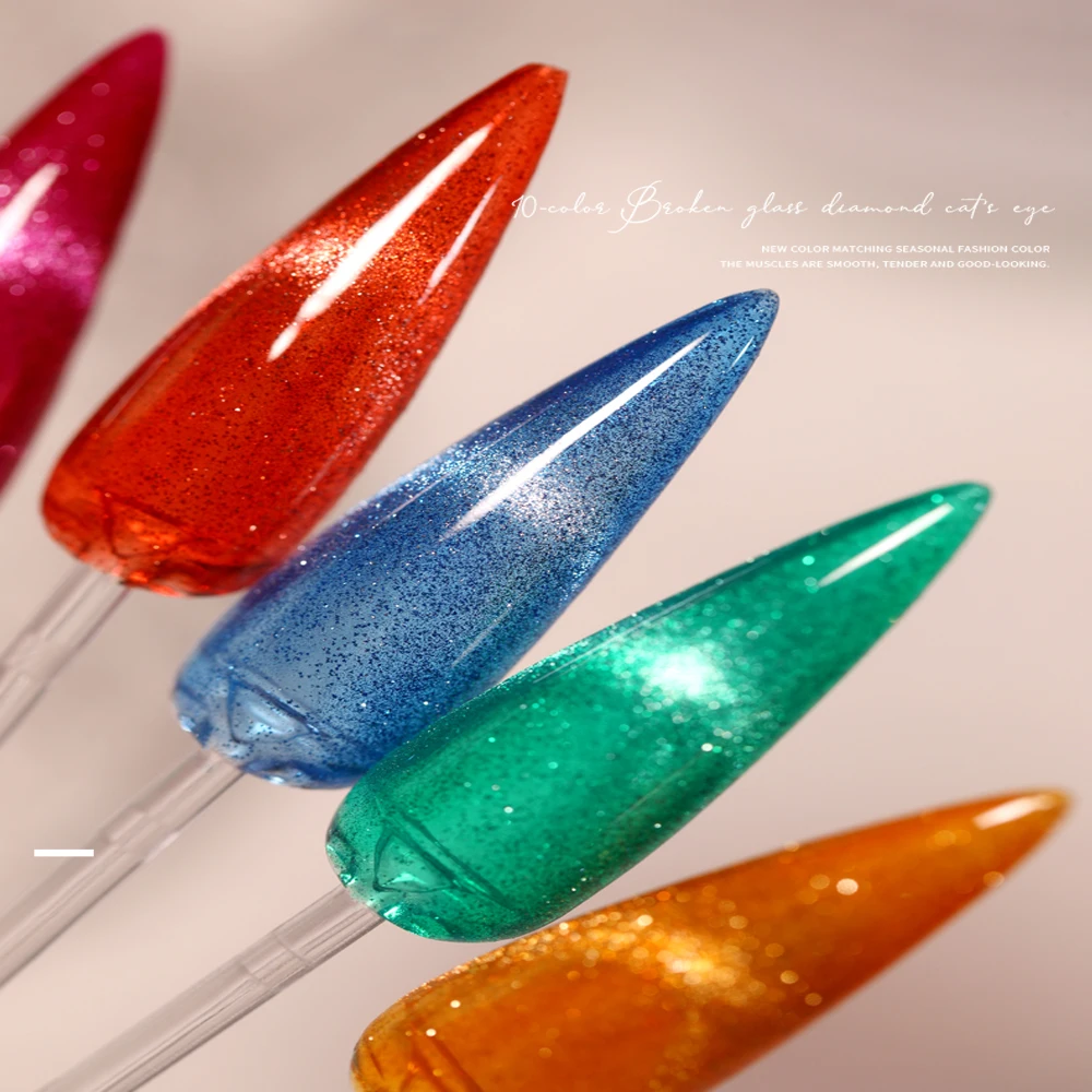 Vendeeni 10 Colors Candy Glass Broken Diamond Cat Eye Gel Nail Polish Soak Off UV LED Glitter Manicure Magnet Nail Varnish