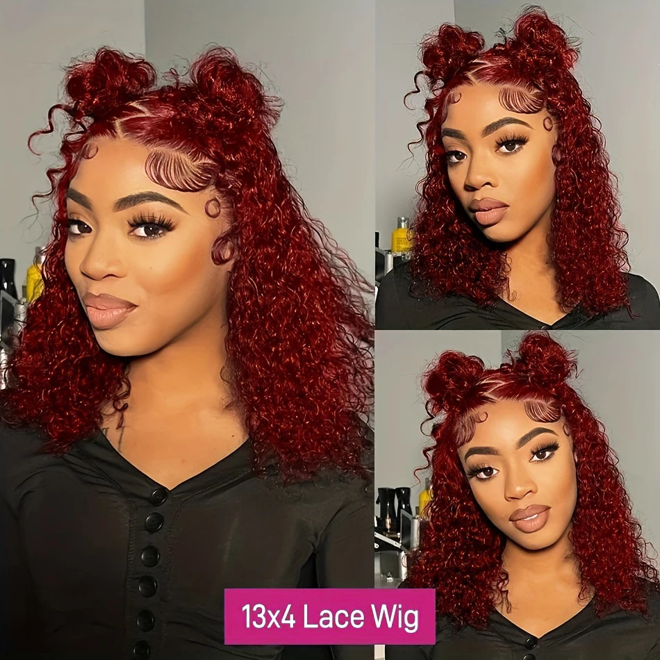 Perruque Bob Lace Wig Naturelle Bouclée, Cheveux Courts, Couleur Rouge Bordeaux 99J, 13x4, Deep Wave