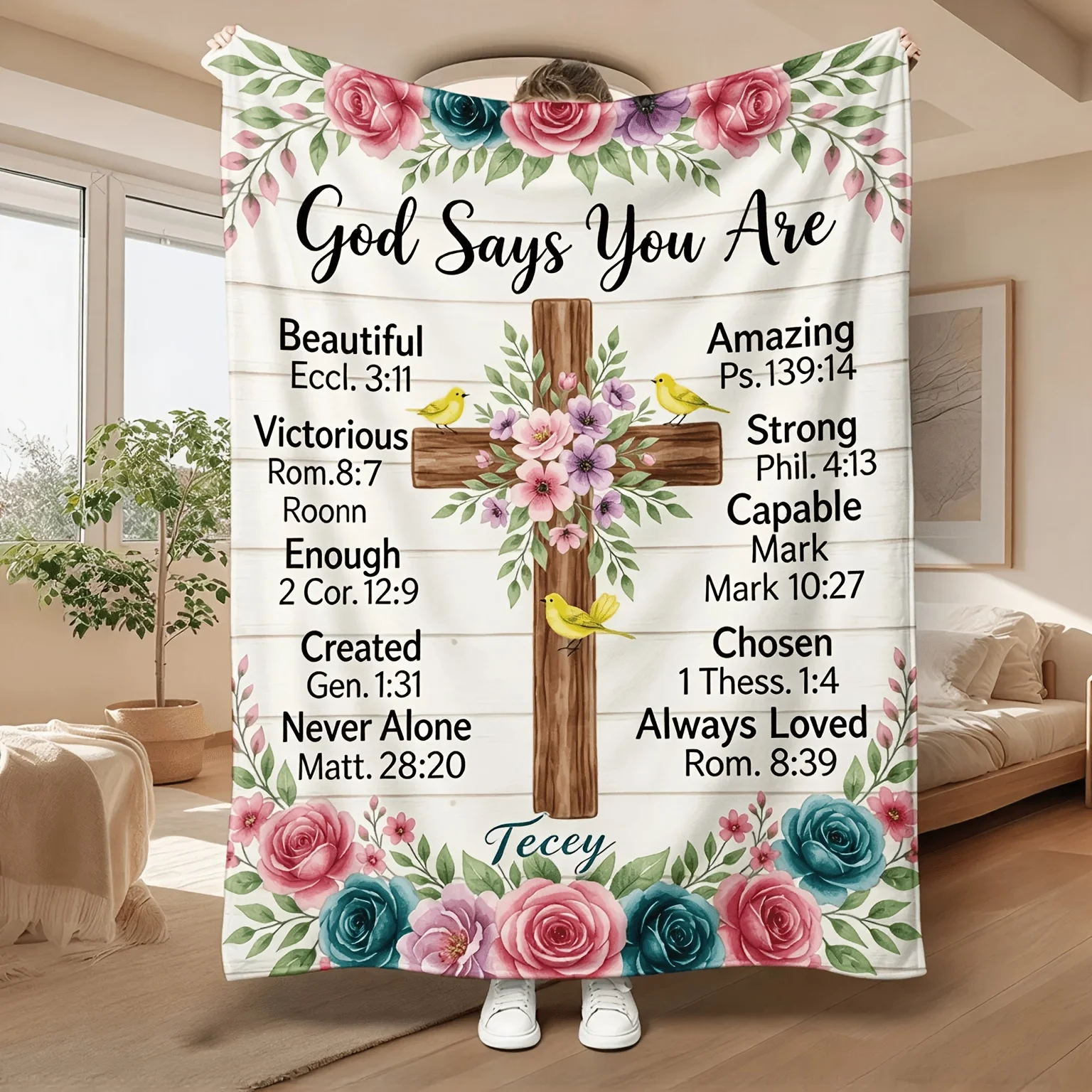 God Says You Are Floral Cross Flannel Blanket Bible Verse Rose Bird Christian Faith Scripture Religious Throw Blanket Sofa Bed Couch Nap Blanket Church Home Decor Christmas Birthday Gift Spiritual Inspirational Prayer Room Daily Encouragement Home Accent