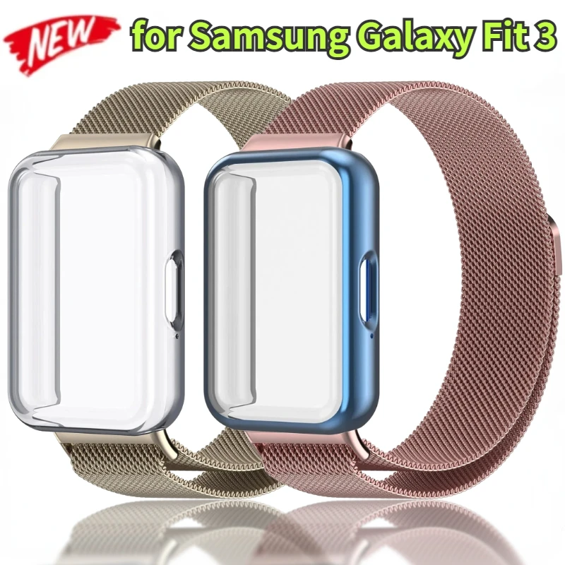 حزام حلقة ميلانيز وحالة لسامسونج غالاكسي فيت 3 ساعة ذكية ، معصم مغناطيسي ، غطاء واقي للشاشة