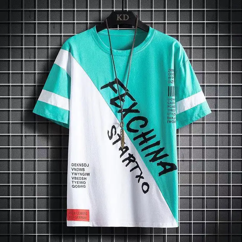 Men\'s Trend Letter Print Tops Tees Summer New Short Sleeve O-neck Plus Size Contrast Loose T Shirts Fashion Casual Men Clothing