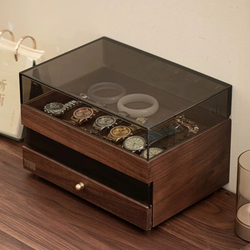 Walnut Wood Jewelry Box Double Layer Jewelry Display Boxes Glass Skylight Ring Organizer Case Dustproof Watch Storage Cases