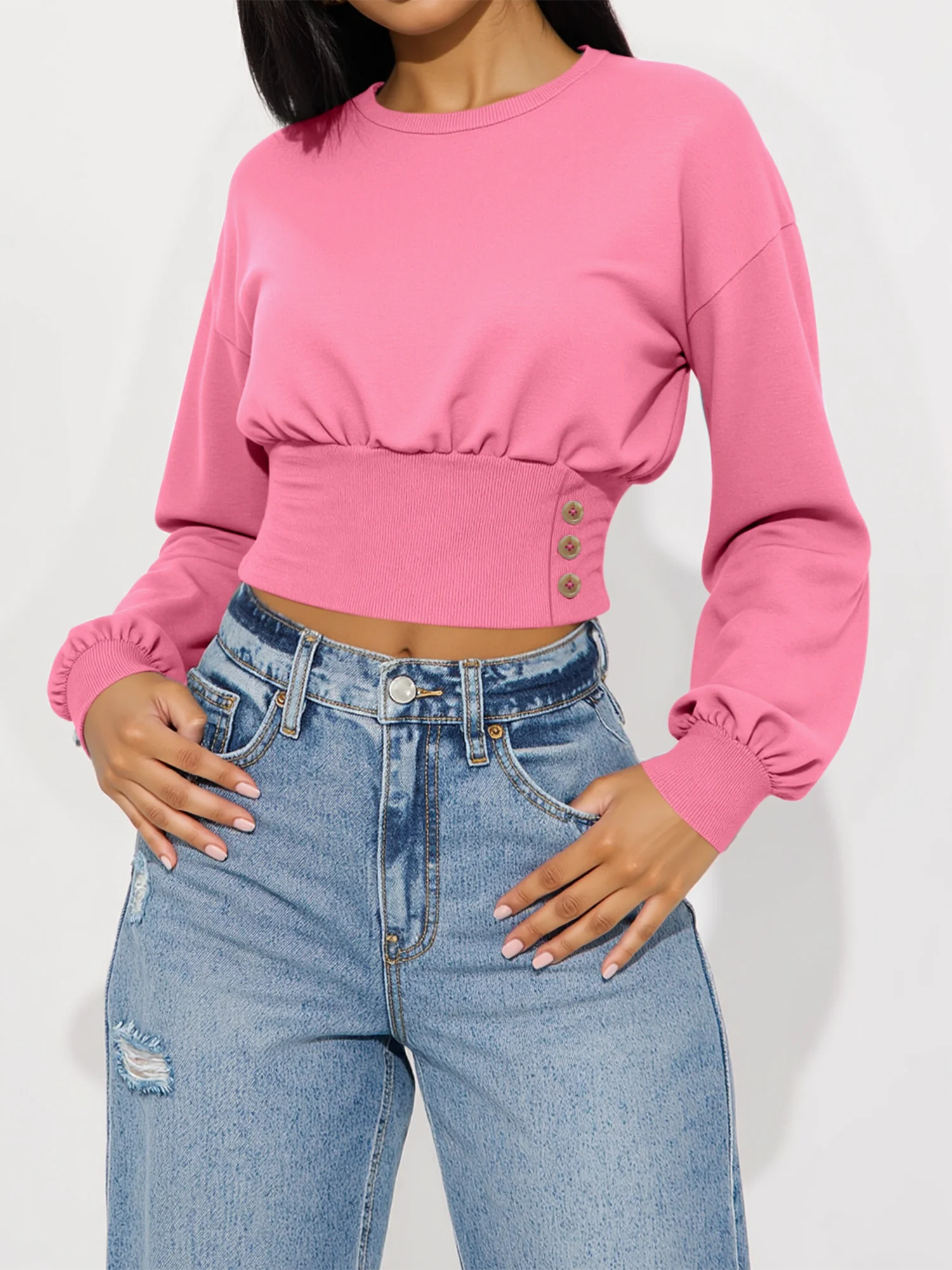 Outdoor‑Suitable Waist‑Defined Pullover, Round‑Neck Button‑Accent Sweatshirt for Garden Picnics & Countryside Visits