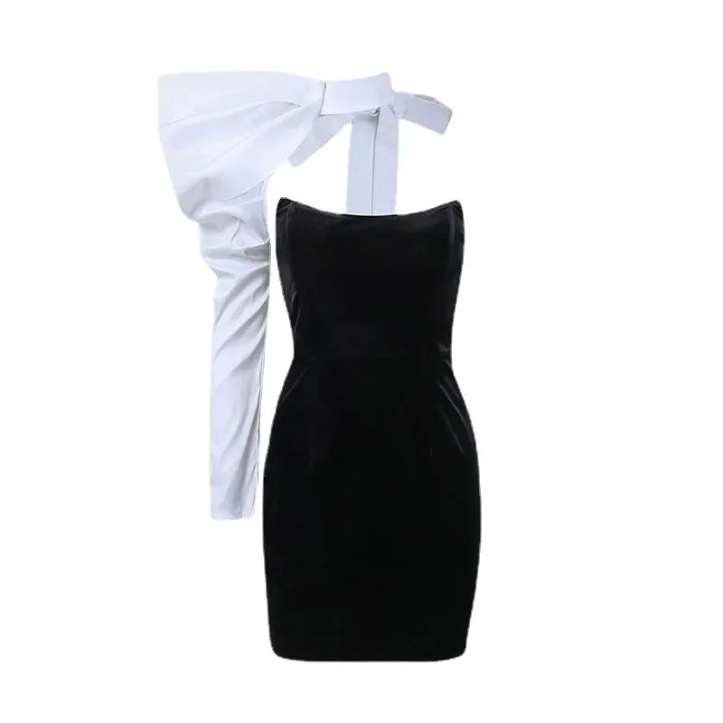 One Shoulder Bow Bra for Women's Dress 2024 Summer Two-piece Fishbone Slim Fit Elegant Solid Color Dress Fashionable New YXQ01