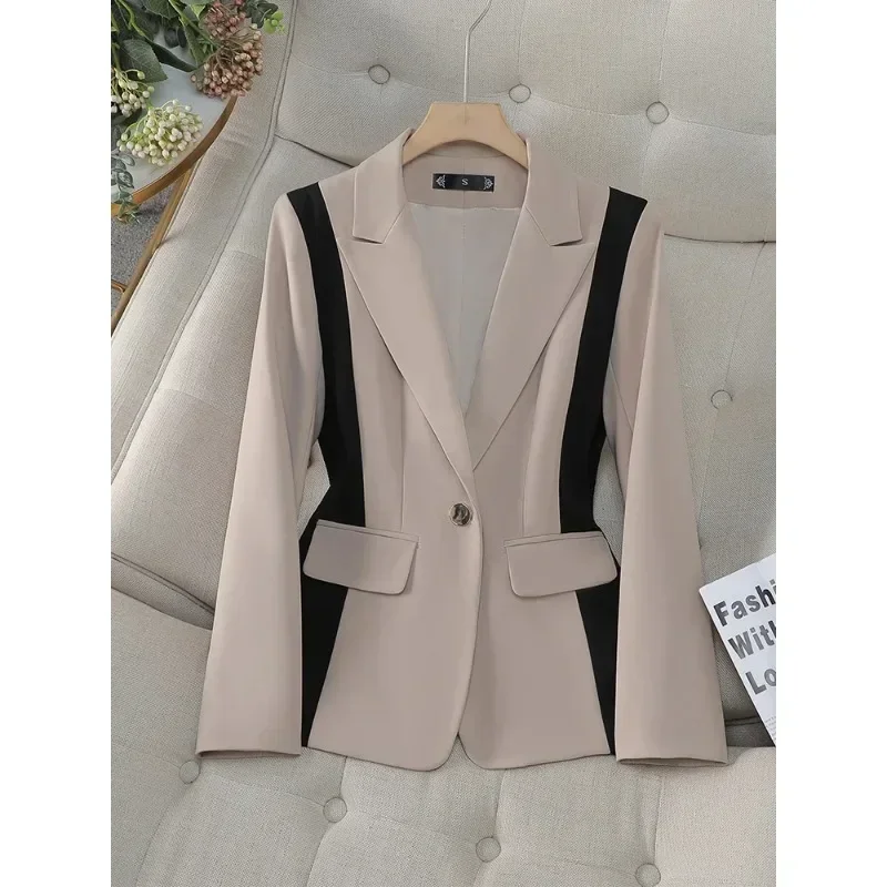 Fashion Autumn Winter Women Blazer Coat Female Khaki Apricot Striped Long Sleeve Office Ladies Business Work Wear Jacket