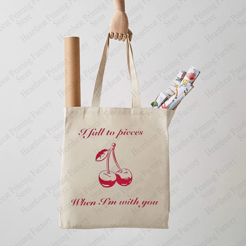 I Fall To Pieces When I\'m with You Patterned Handbag Aesthetic Tote Bags Cherry Canvas Bag Fruit Cute Shopping Bags