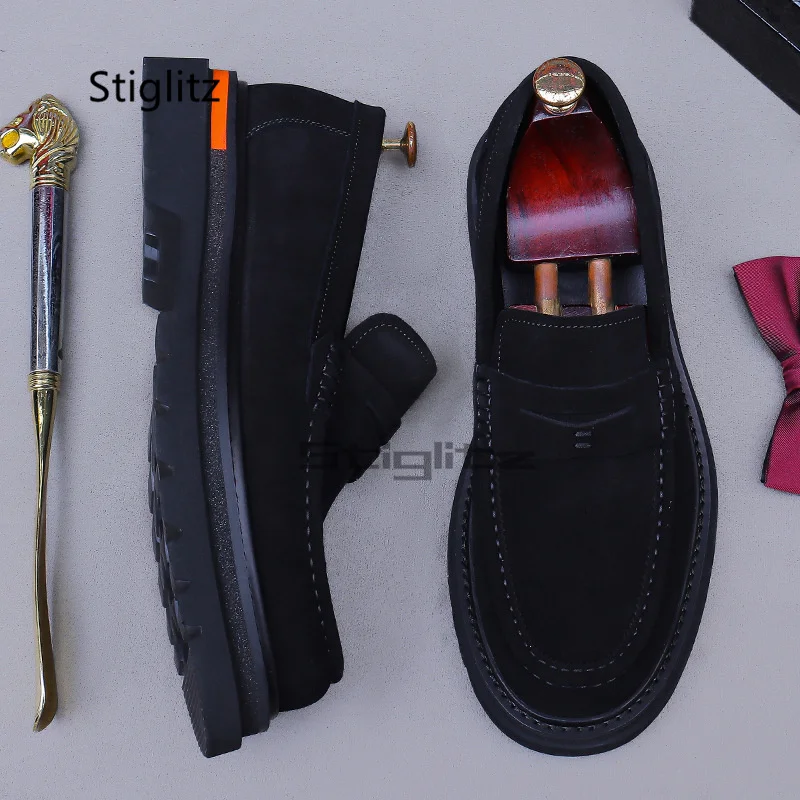 

Faux Suede Men's Loafers Black Brown Thick Soled Handmade Elegant Male Dress Business Casual Shoes Height Increasing Shoes