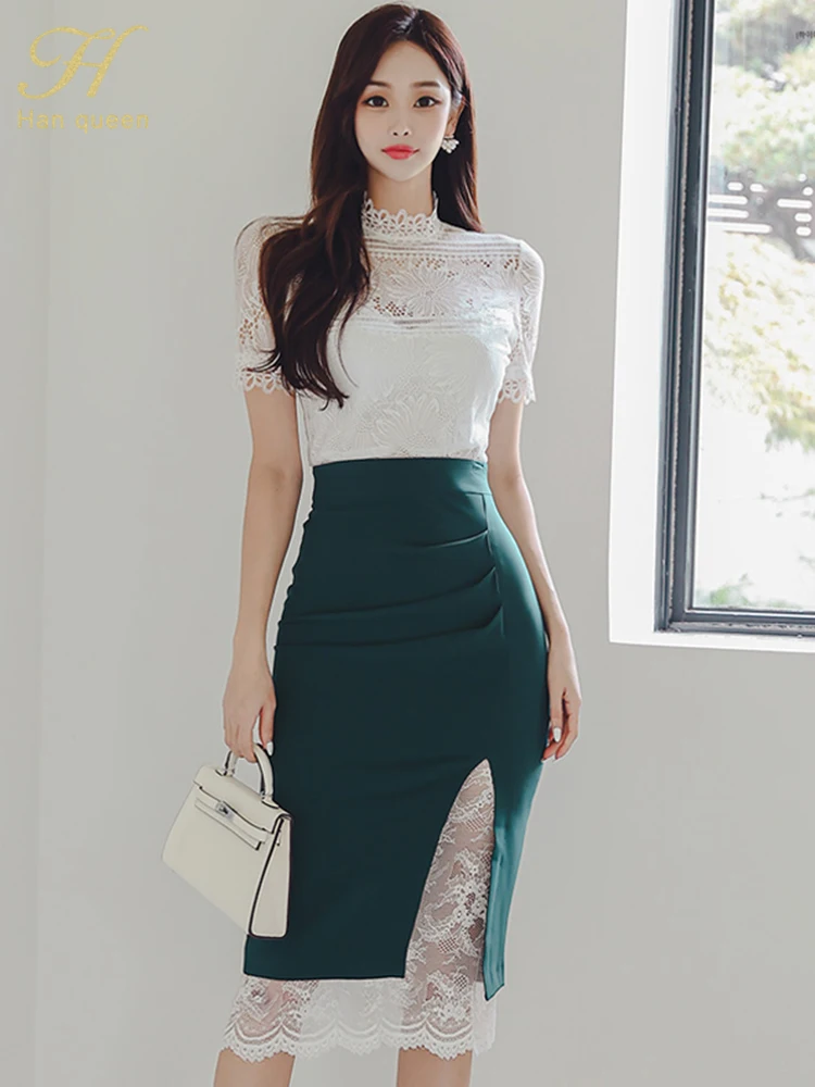 Han Queen 2024 Summer Dress Set Simple White Lace Tops + Midi Skirts Korean Set Woman 2 Pieces Chic And Elegant Female Clothing